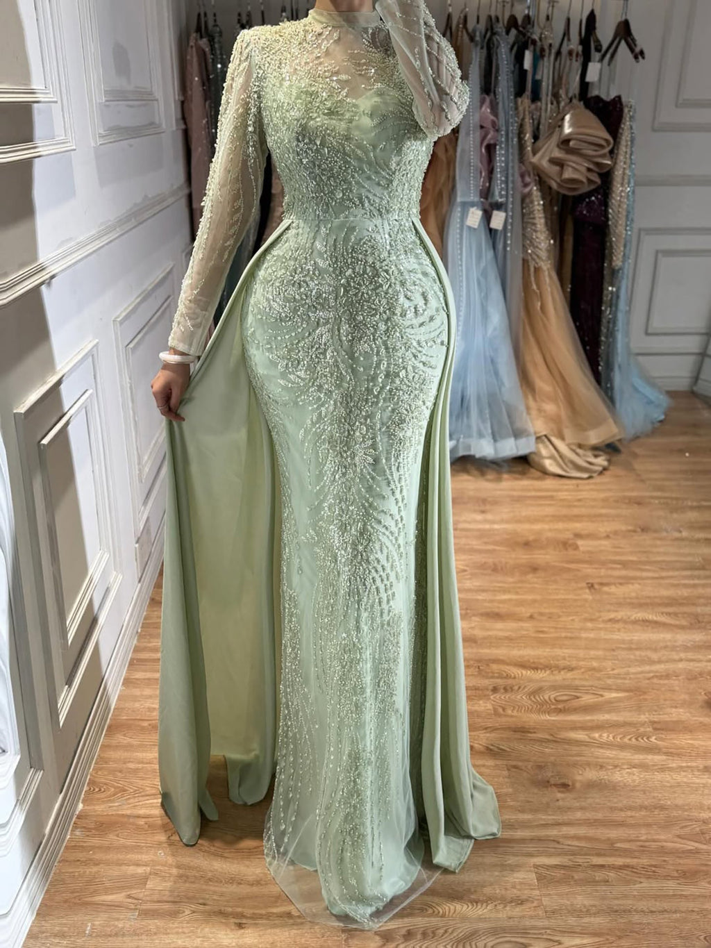 Luxury Sage Green Beaded Mermaid Dress with Overskirt CLA73716