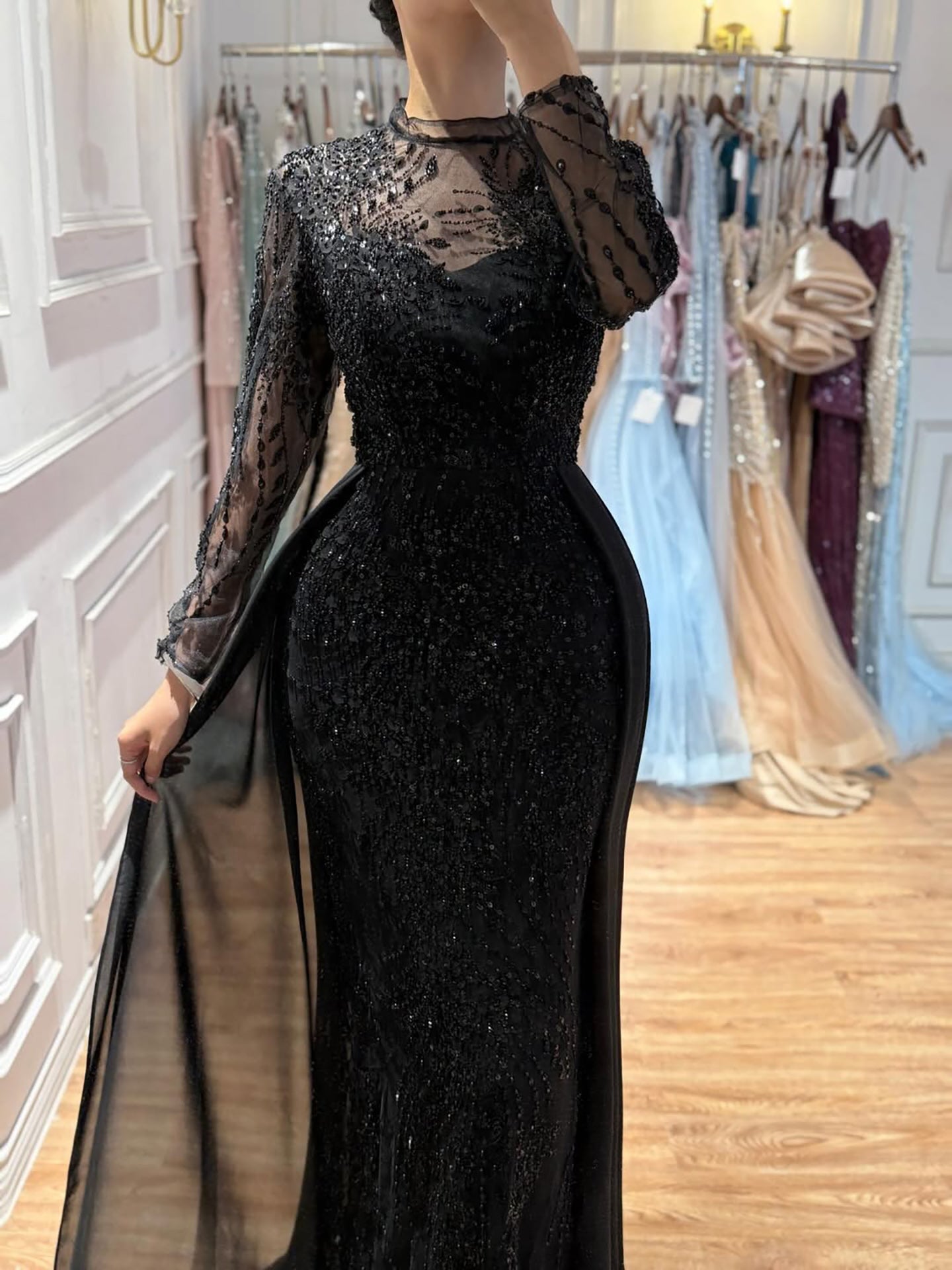 Luxury Sage Green Beaded Mermaid Dress with Overskirt CLA73716