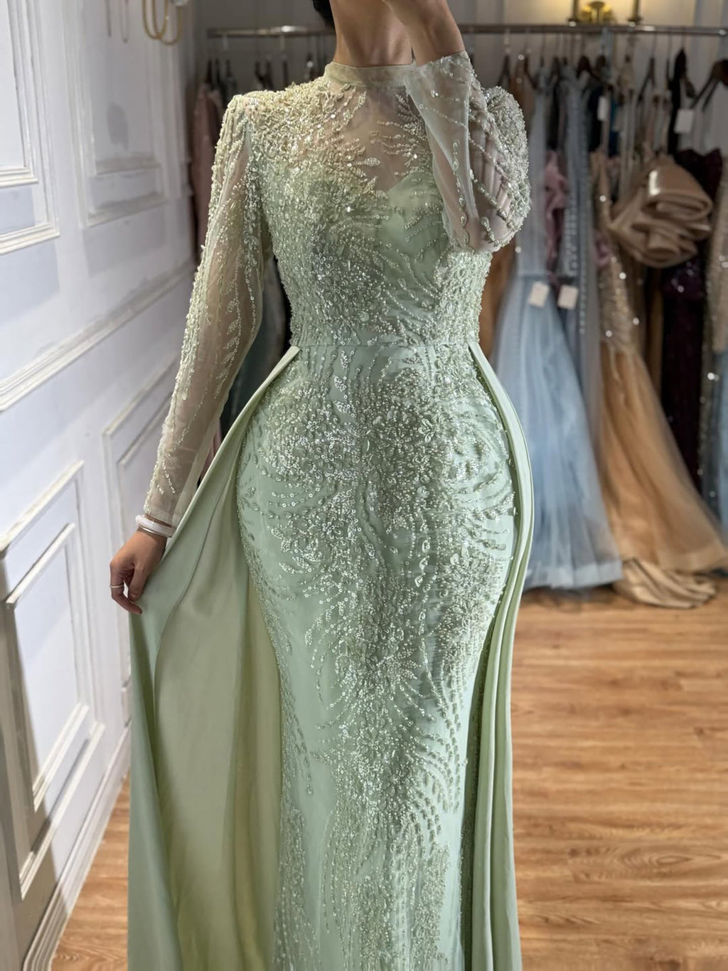 Luxury Sage Green Beaded Mermaid Dress with Overskirt CLA73716