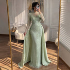 Luxury Sage Green Beaded Mermaid Dress with Overskirt CLA73716