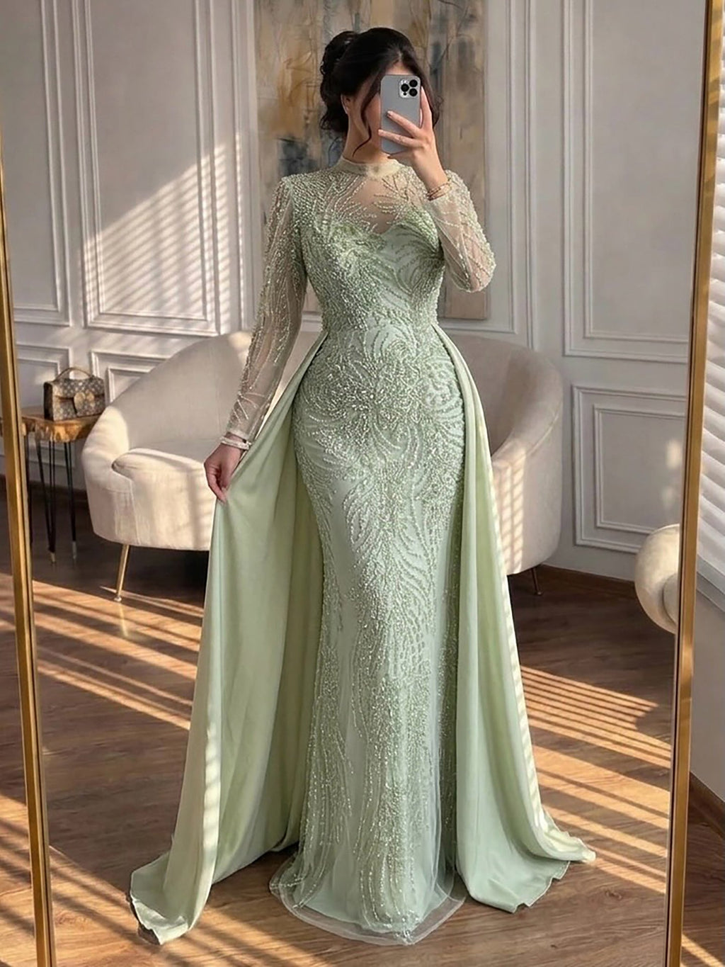 Luxury Sage Green Beaded Mermaid Dress with Overskirt CLA73716