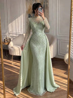 Luxury Sage Green Beaded Mermaid Dress with Overskirt CLA73716