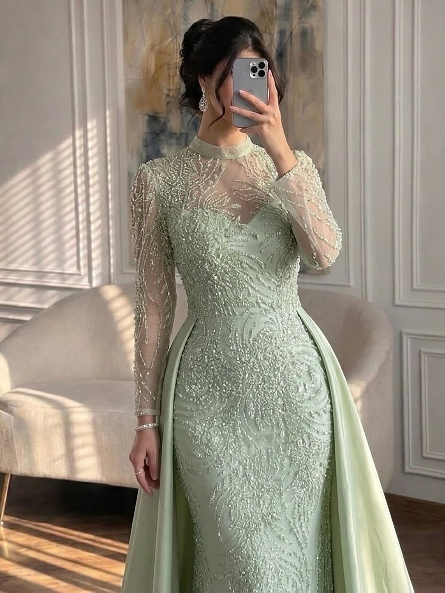 Luxury Sage Green Beaded Mermaid Dress with Overskirt CLA73716