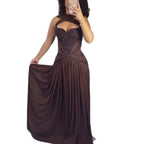 Luxury Brown Beaded A Line Evening Dress CLA73717
