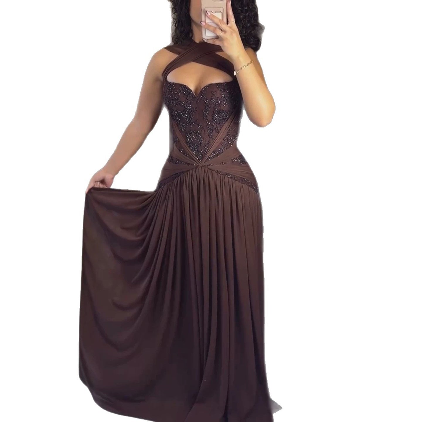 Luxury Brown Beaded A Line Evening Dress CLA73717