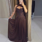 Luxury Brown Beaded A Line Evening Dress CLA73717