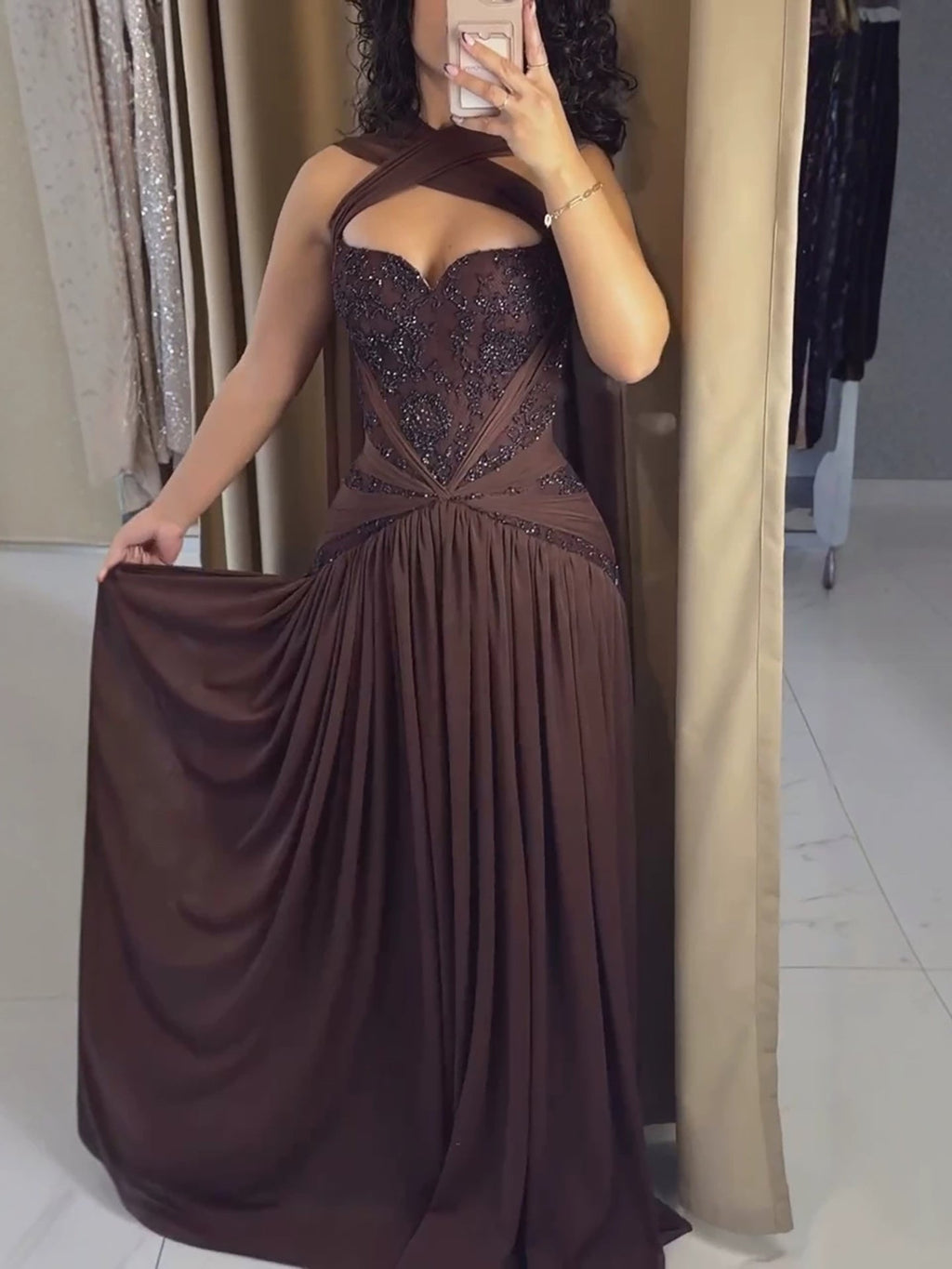 Luxury Brown Beaded A Line Evening Dress CLA73717