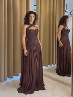 Luxury Brown Beaded A Line Evening Dress CLA73717