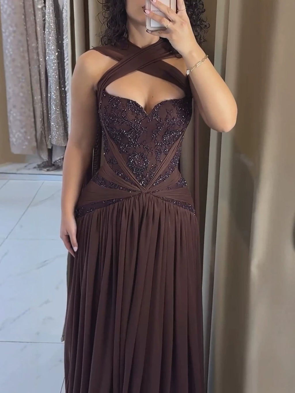 Luxury Brown Beaded A Line Evening Dress CLA73717