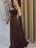 Luxury Brown Beaded A Line Evening Dress CLA73717