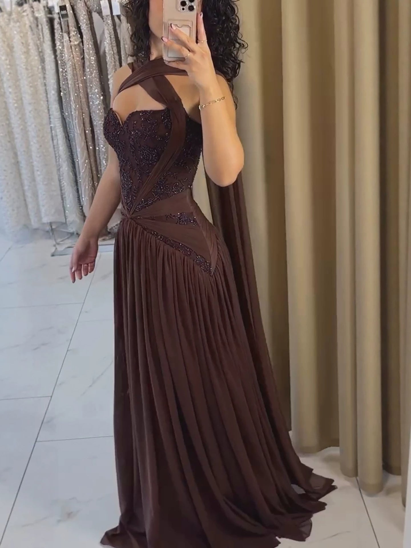 Luxury Brown Beaded A Line Evening Dress CLA73717