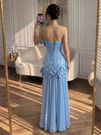 Luxury Blue Strapless 3D Flower A Line Evening Dress LA73719A