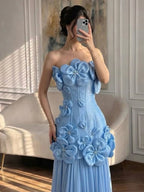 Luxury Blue Strapless 3D Flower A Line Evening Dress LA73719A