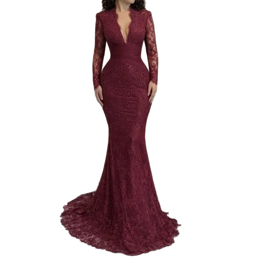 Luxury Wine Red CLAce Mermaid Long Sleeve Evening Dress CLA73720