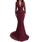 Luxury Wine Red CLAce Mermaid Long Sleeve Evening Dress CLA73720