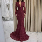 Luxury Wine Red CLAce Mermaid Long Sleeve Evening Dress CLA73720