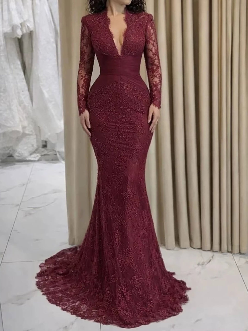 Luxury Wine Red CLAce Mermaid Long Sleeve Evening Dress CLA73720