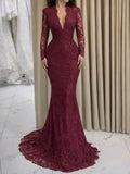 Luxury Wine Red CLAce Mermaid Long Sleeve Evening Dress CLA73720