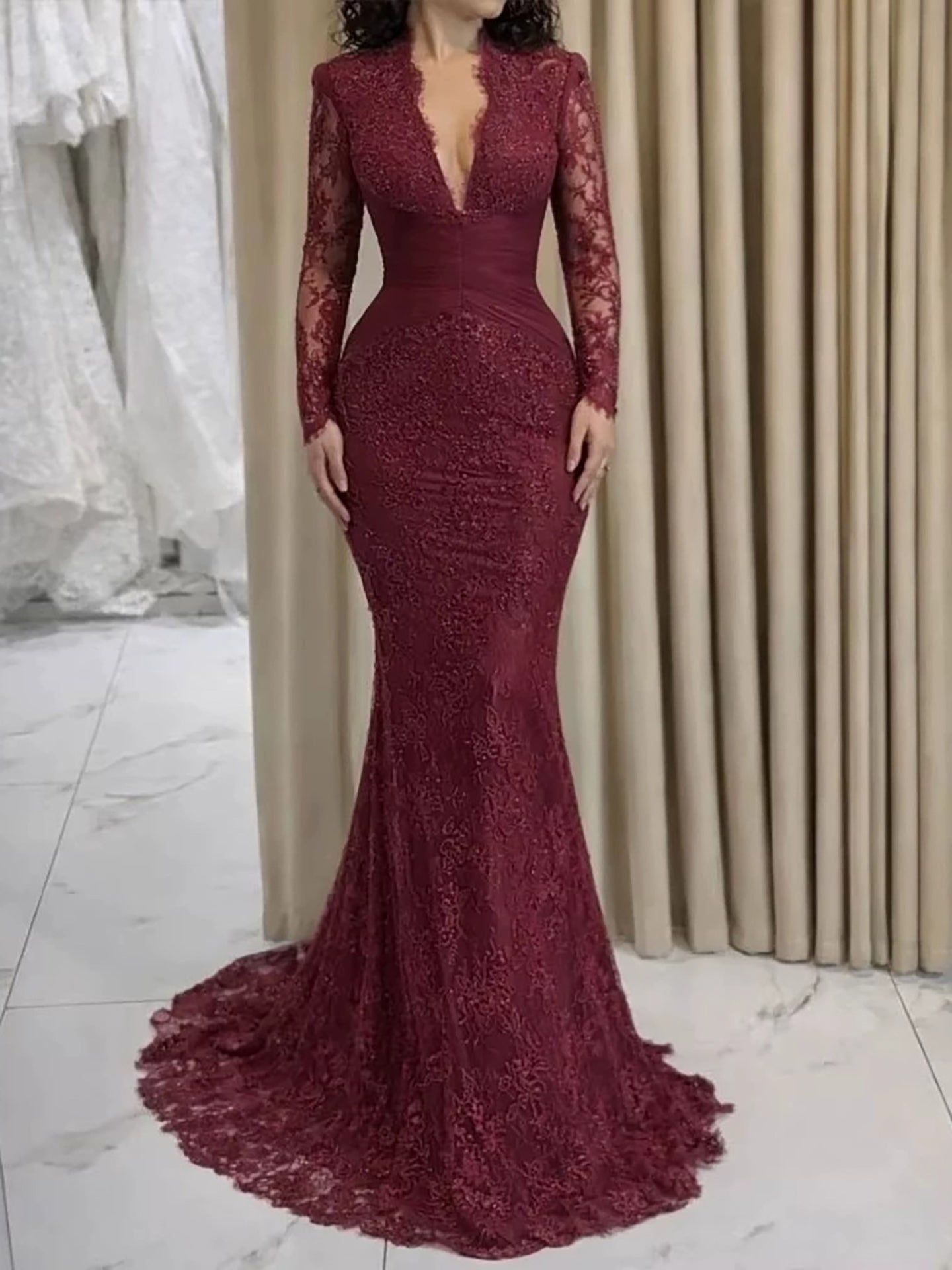 Luxury Wine Red CLAce Mermaid Long Sleeve Evening Dress CLA73720