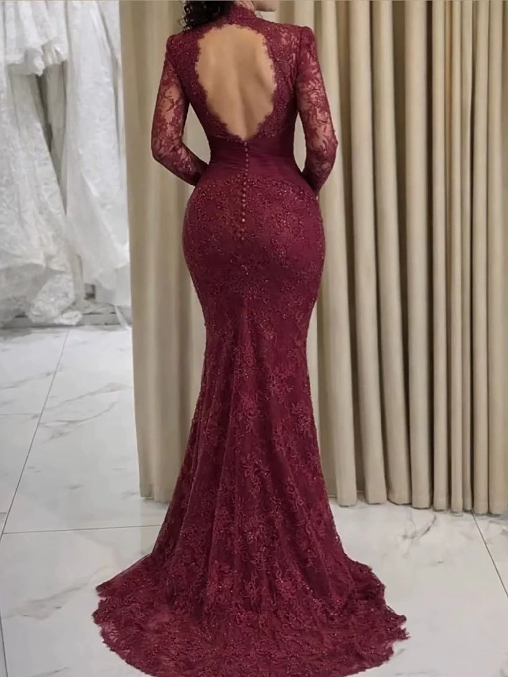 Luxury Wine Red CLAce Mermaid Long Sleeve Evening Dress CLA73720