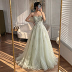 Luxury Sage Green Spaghetti Strap Beaded A-Line Evening Dress LA73721