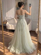 Luxury Sage Green Spaghetti Strap Beaded A-Line Evening Dress LA73721