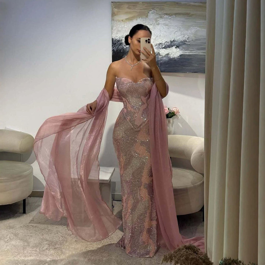 Luxury Pink Beaded Mermaid Evening Dress CLA73724