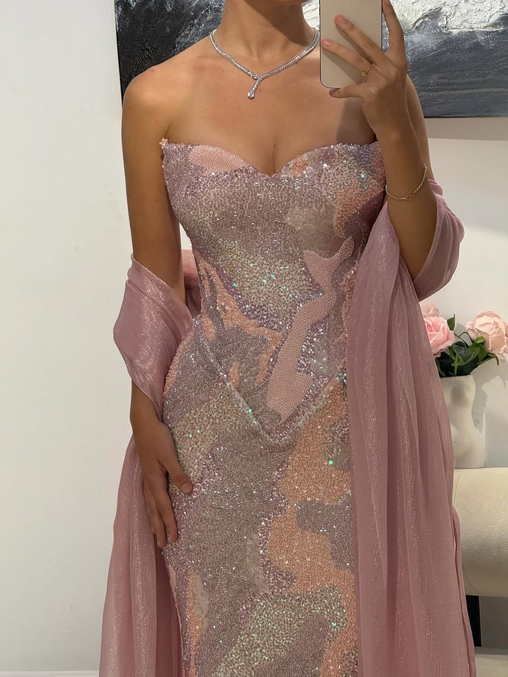 Luxury Pink Beaded Mermaid Evening Dress CLA73724