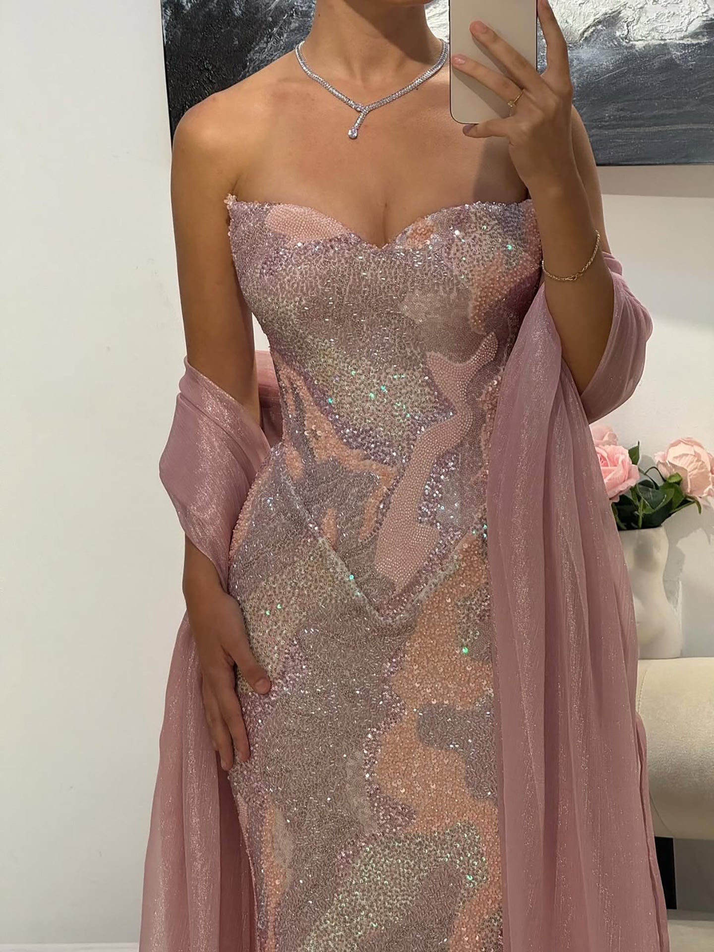 Luxury Pink Beaded Mermaid Evening Dress CLA73724