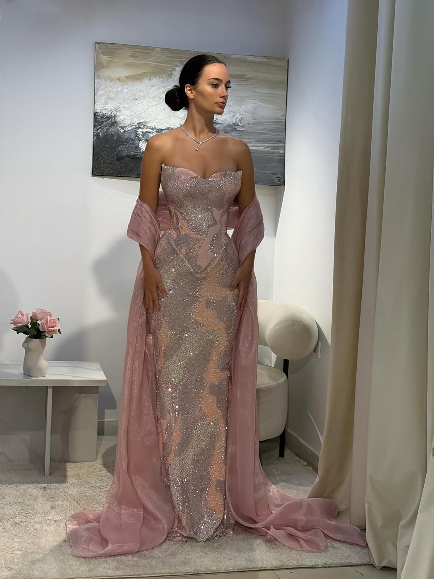 Luxury Pink Beaded Mermaid Evening Dress CLA73724