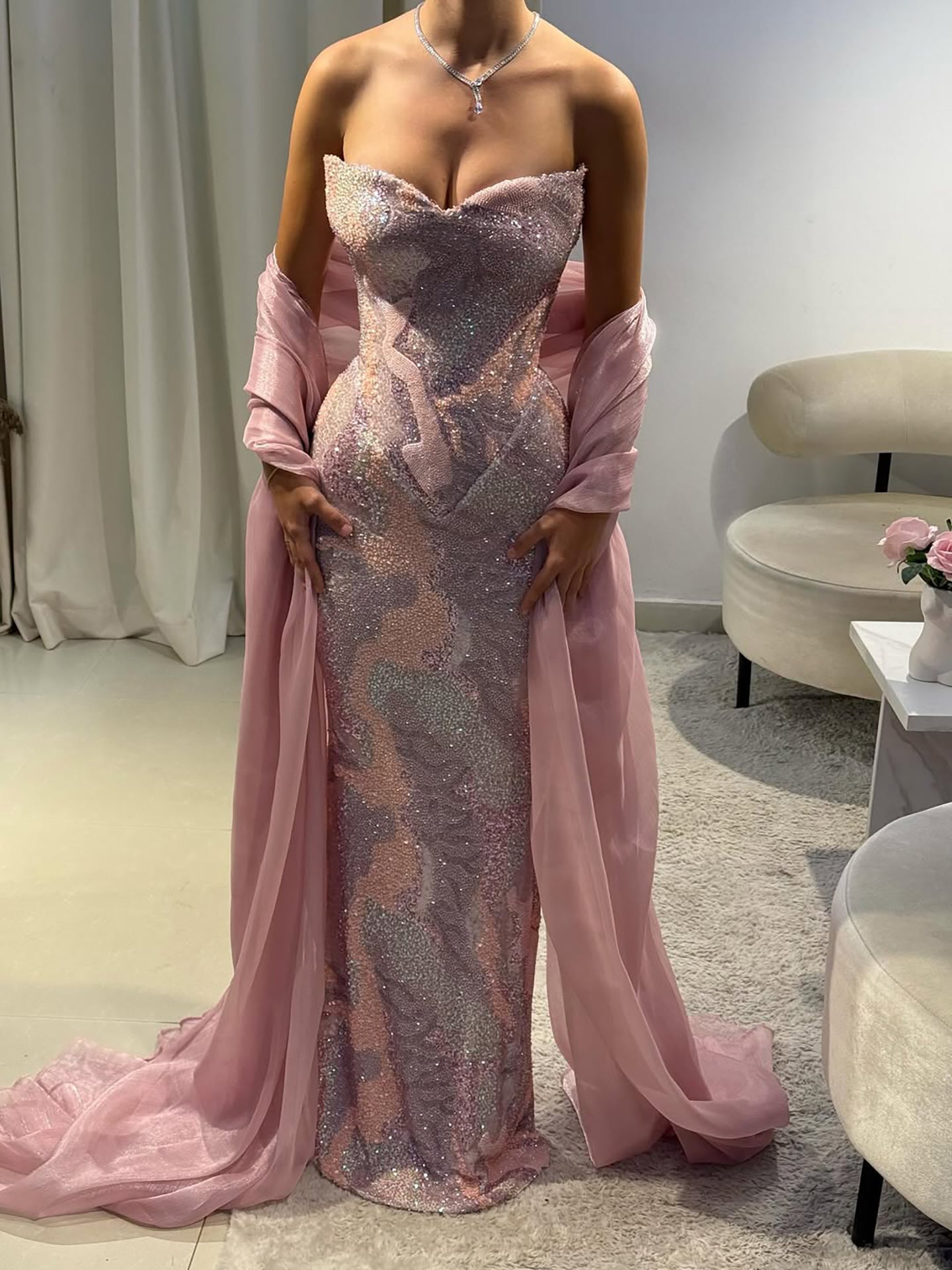 Luxury Pink Beaded Mermaid Evening Dress CLA73724