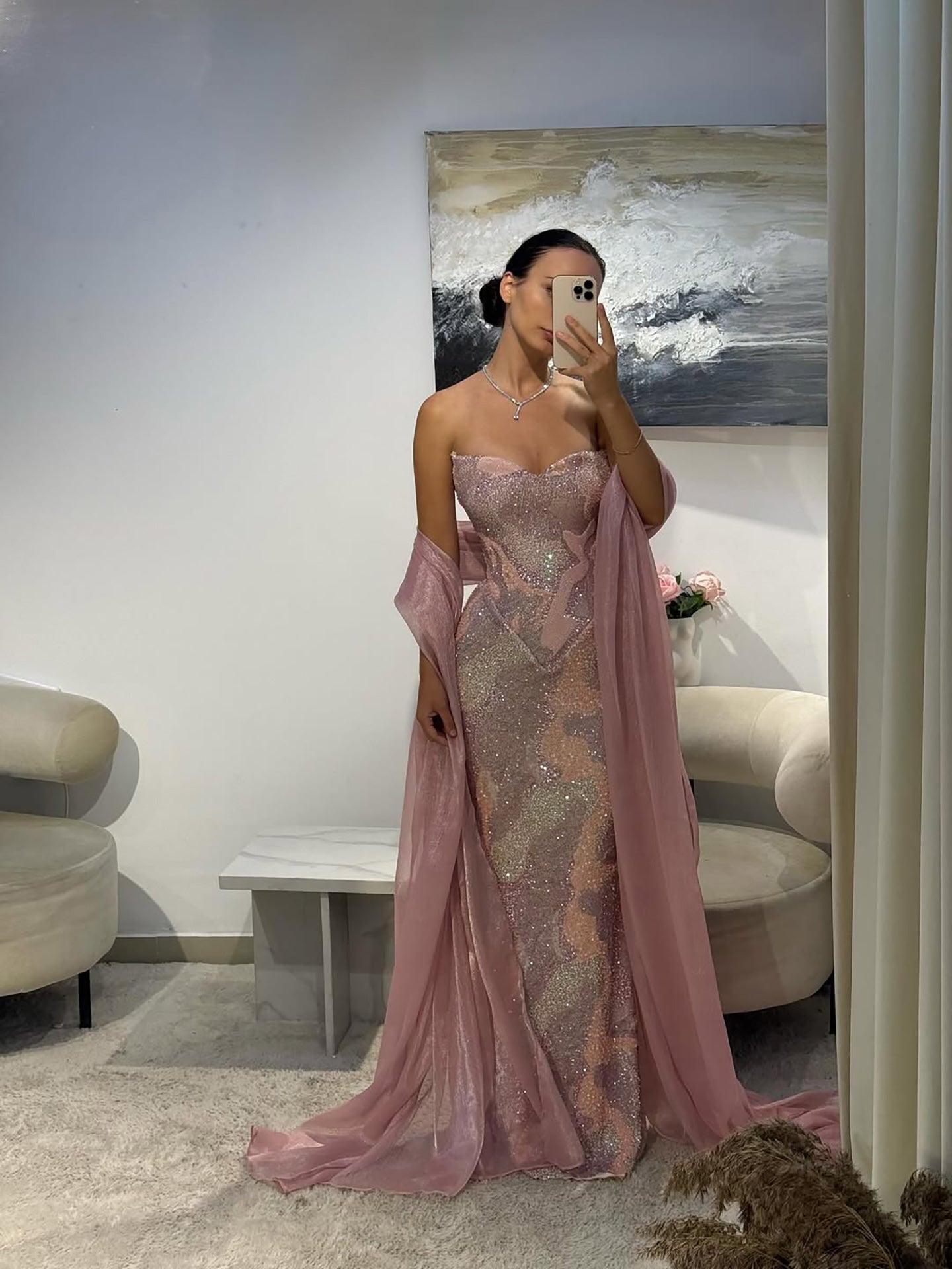 Luxury Pink Beaded Mermaid Evening Dress CLA73724