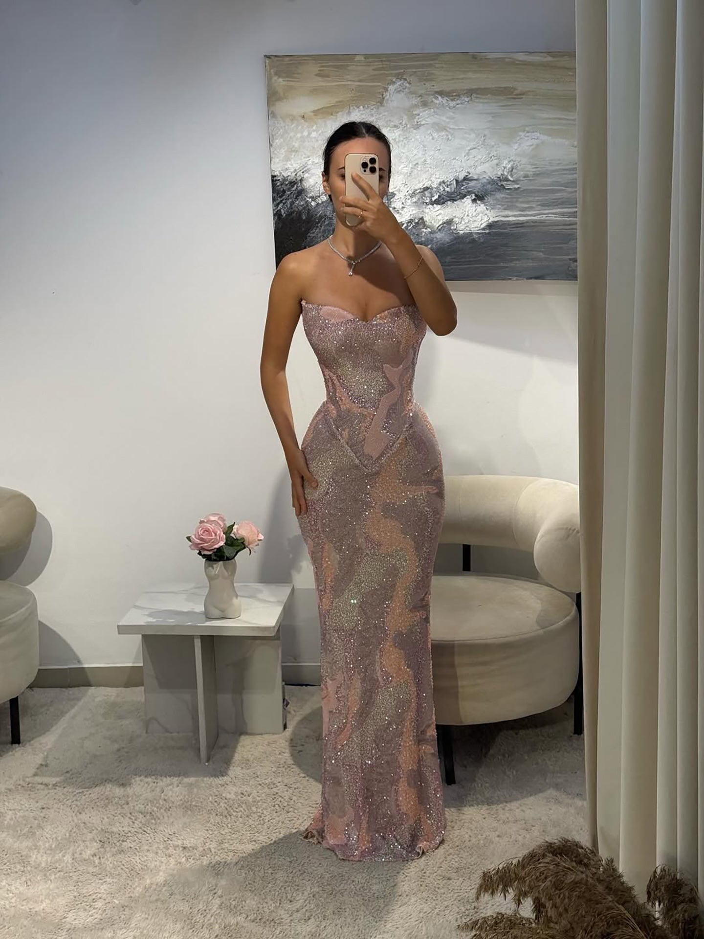 Luxury Pink Beaded Mermaid Evening Dress CLA73724
