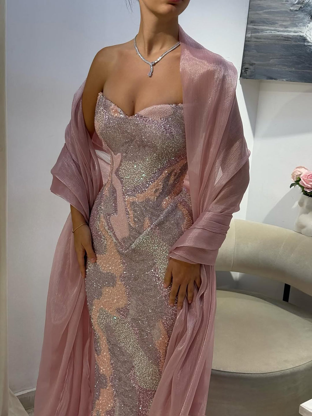 Luxury Pink Beaded Mermaid Evening Dress CLA73724