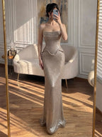 Luxury Champagne Strapless Peplum Lace Up Shimmering Mermaid Dress LA73725