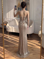 Luxury Champagne Strapless Peplum Lace Up Shimmering Mermaid Dress LA73725