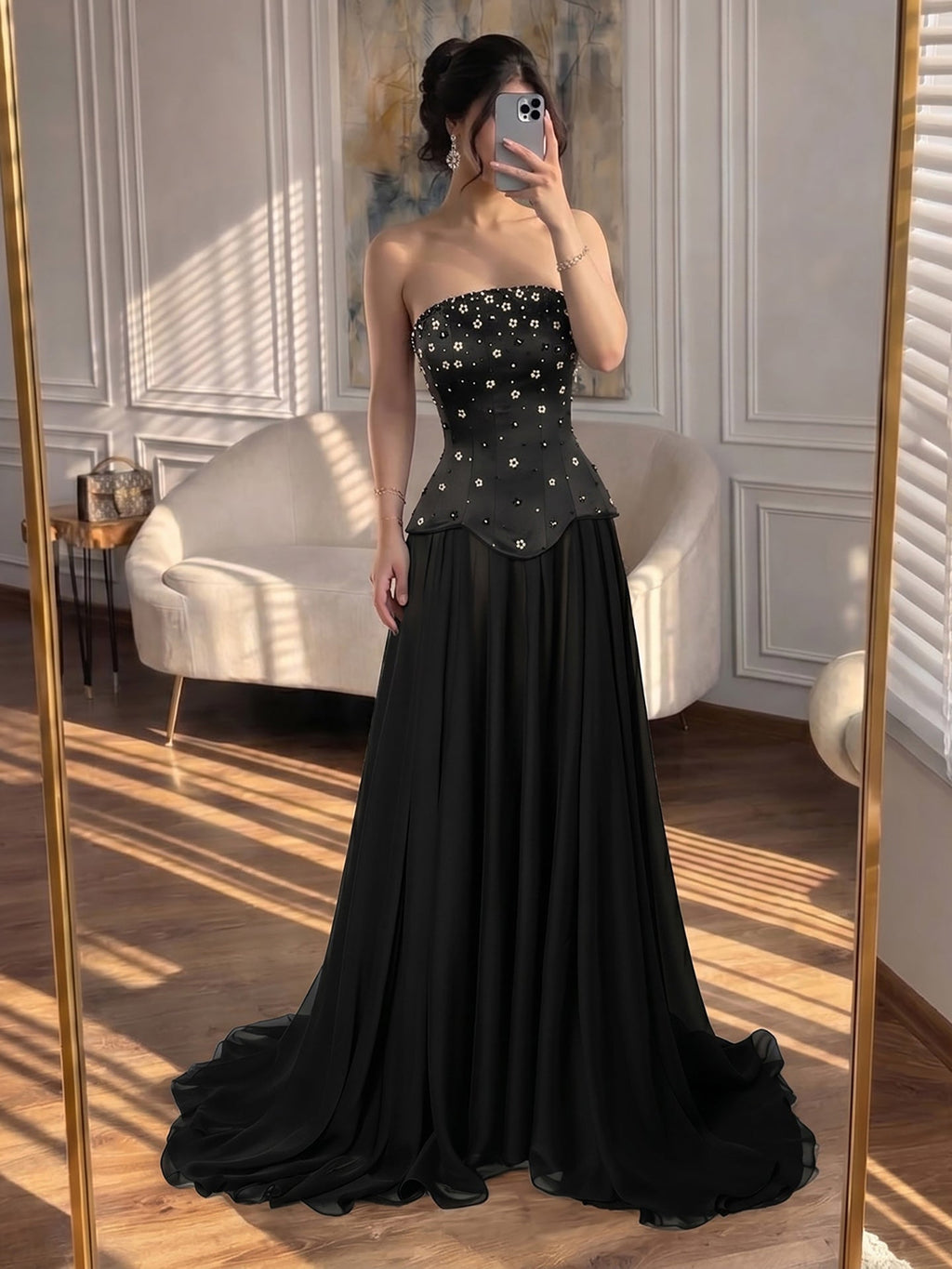 Luxury BCLAck Chiffon Floral Beaded Strapless A Line Gown CLA73728