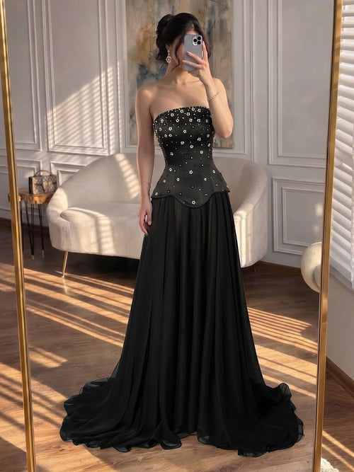 Luxury BCLAck Chiffon Floral Beaded Strapless A Line Gown CLA73728