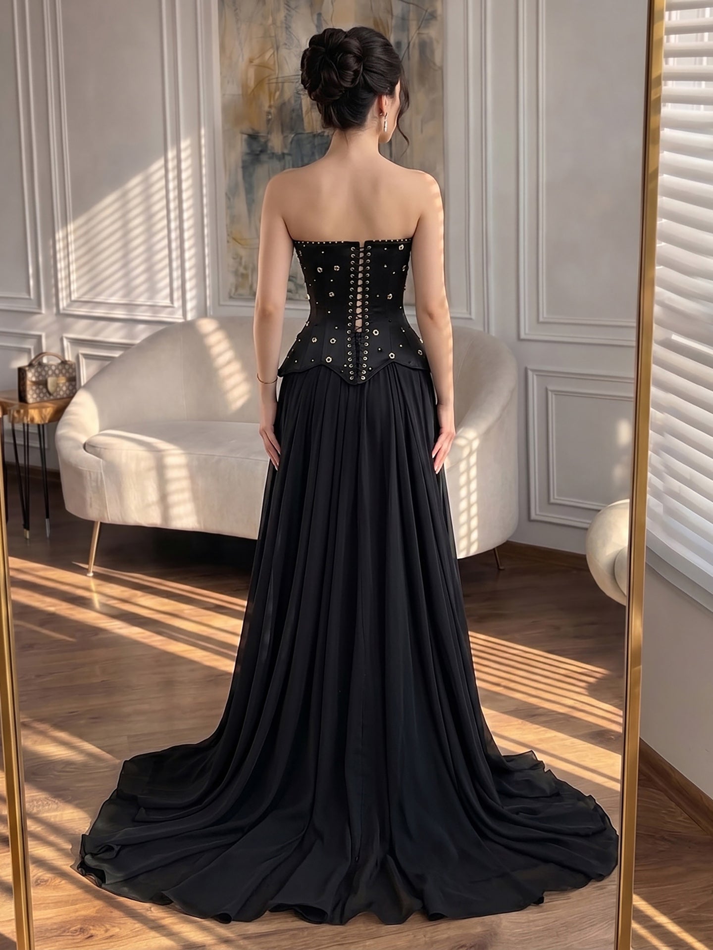 Luxury BCLAck Chiffon Floral Beaded Strapless A Line Gown CLA73728