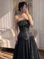Luxury BCLAck Chiffon Floral Beaded Strapless A Line Gown CLA73728