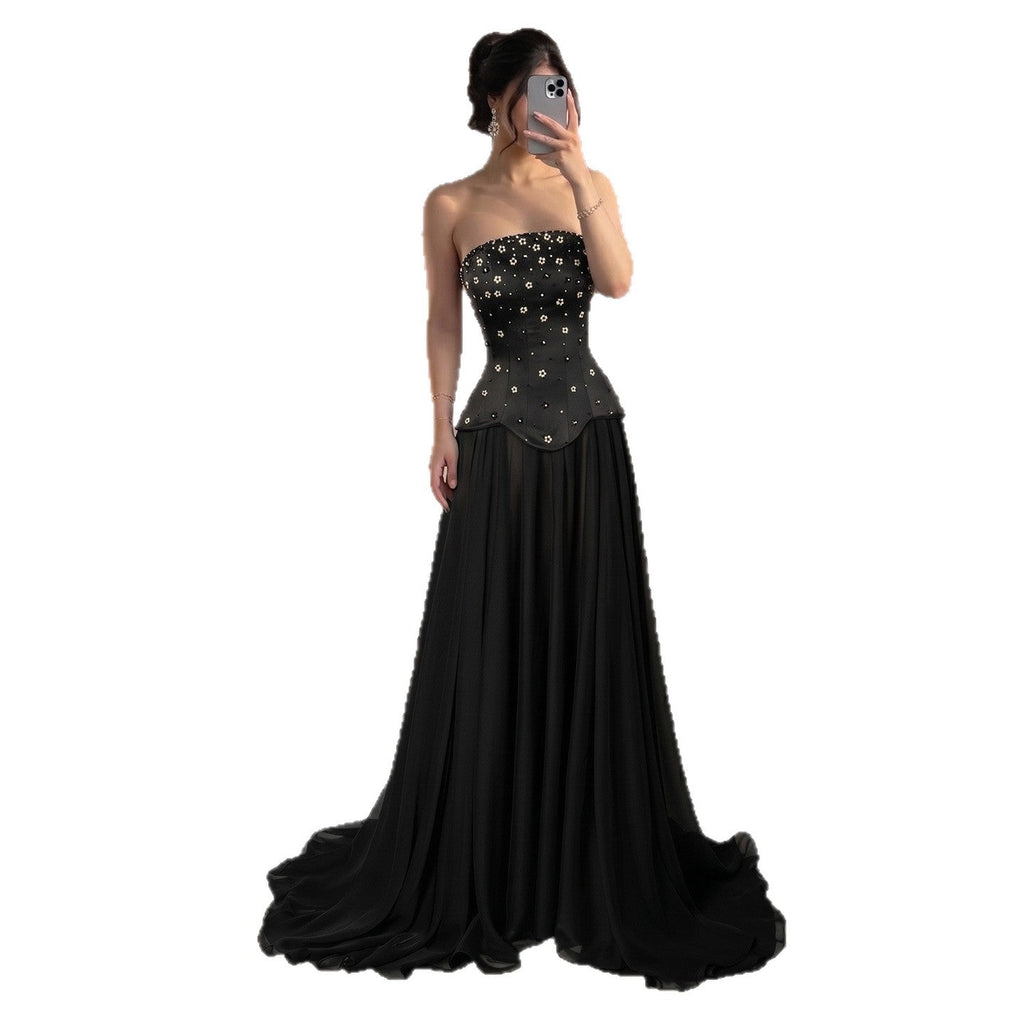 Luxury BCLAck Chiffon Floral Beaded Strapless A Line Gown CLA73728