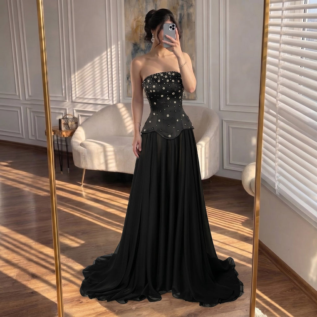 Luxury BCLAck Chiffon Floral Beaded Strapless A Line Gown CLA73728