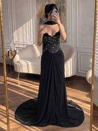Luxury BCLAck Chiffon Beaded Strapless A Line Evening Dress CLA73728A
