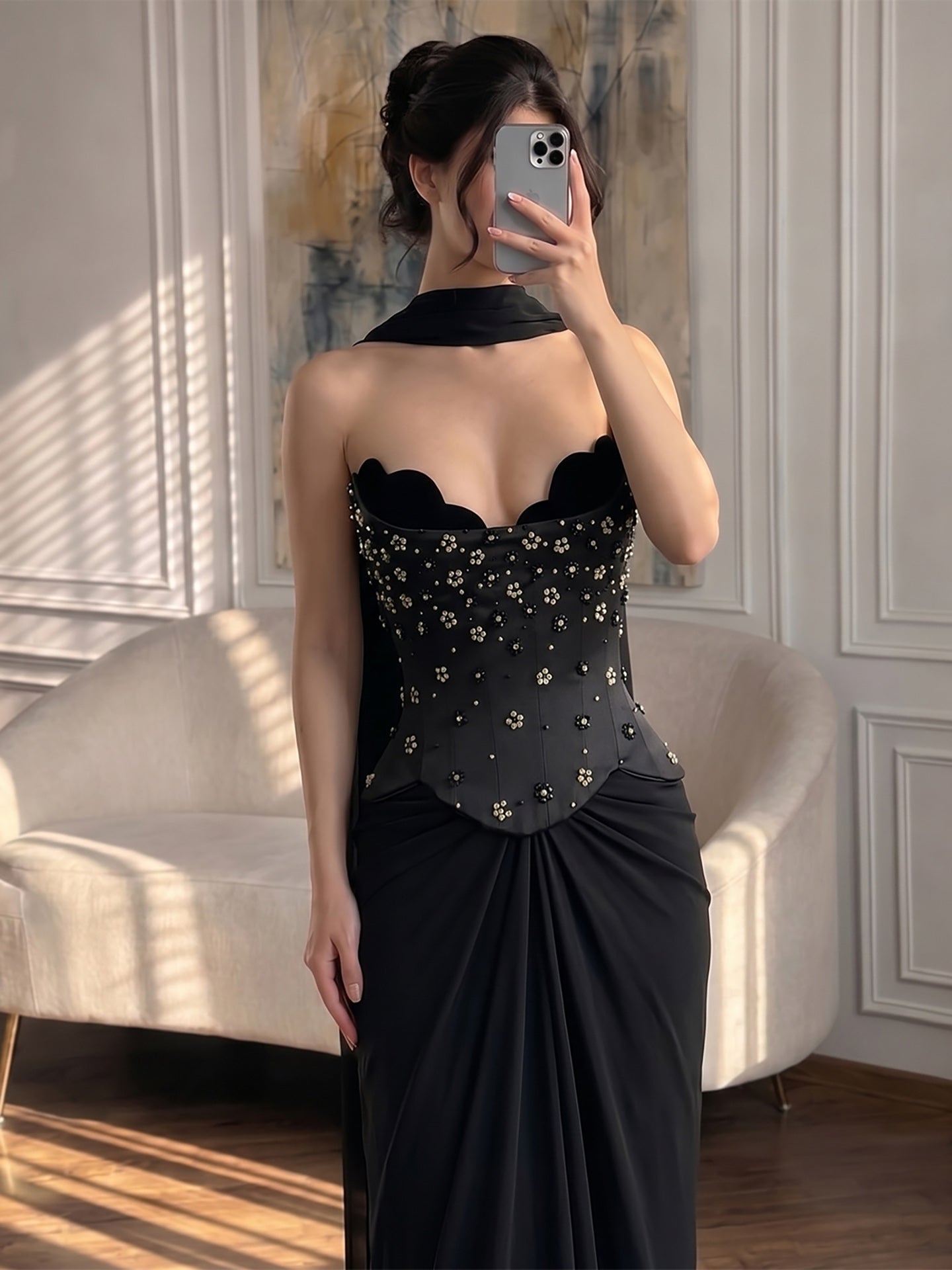 Luxury BCLAck Chiffon Beaded Strapless A Line Evening Dress CLA73728A