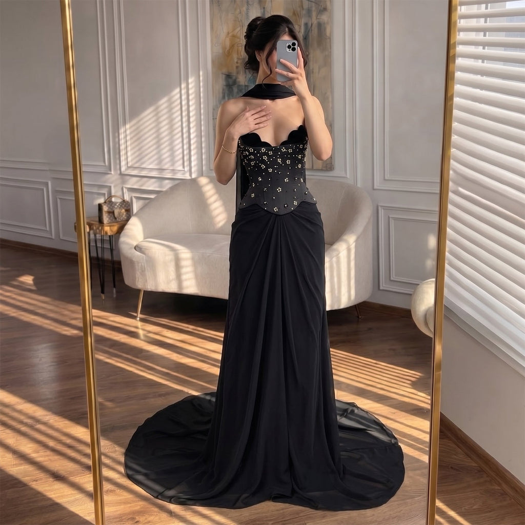 Luxury BCLAck Chiffon Beaded Strapless A Line Evening Dress CLA73728A
