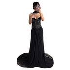 Luxury BCLAck Chiffon Beaded Strapless A Line Evening Dress CLA73728A