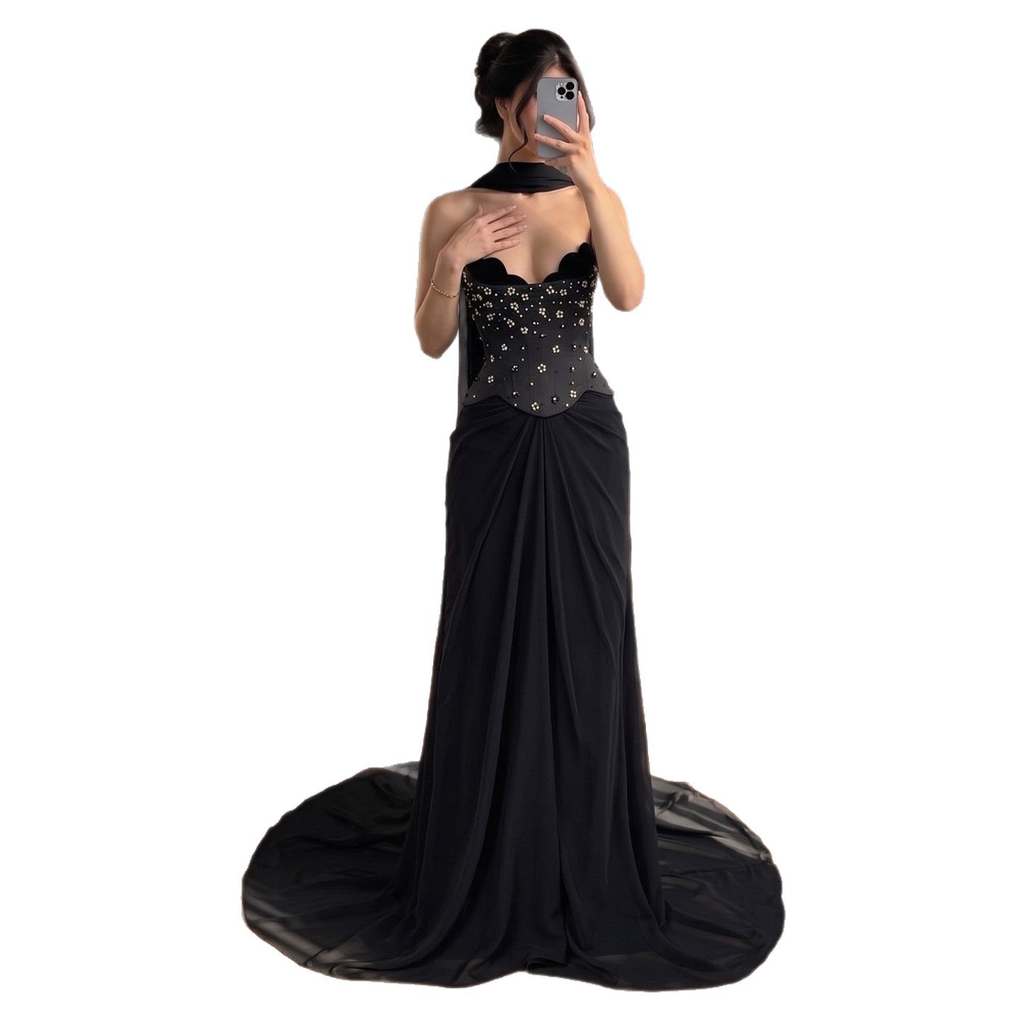 Luxury BCLAck Chiffon Beaded Strapless A Line Evening Dress CLA73728A