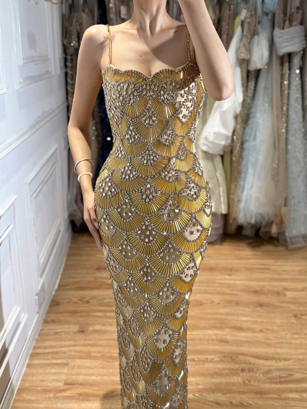Luxury Gold Beaded Mermaid Evening Dress CLA73733
