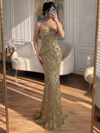 Luxury Gold Beaded Mermaid Evening Dress CLA73733