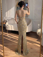 Luxury Gold Beaded Mermaid Evening Dress CLA73733
